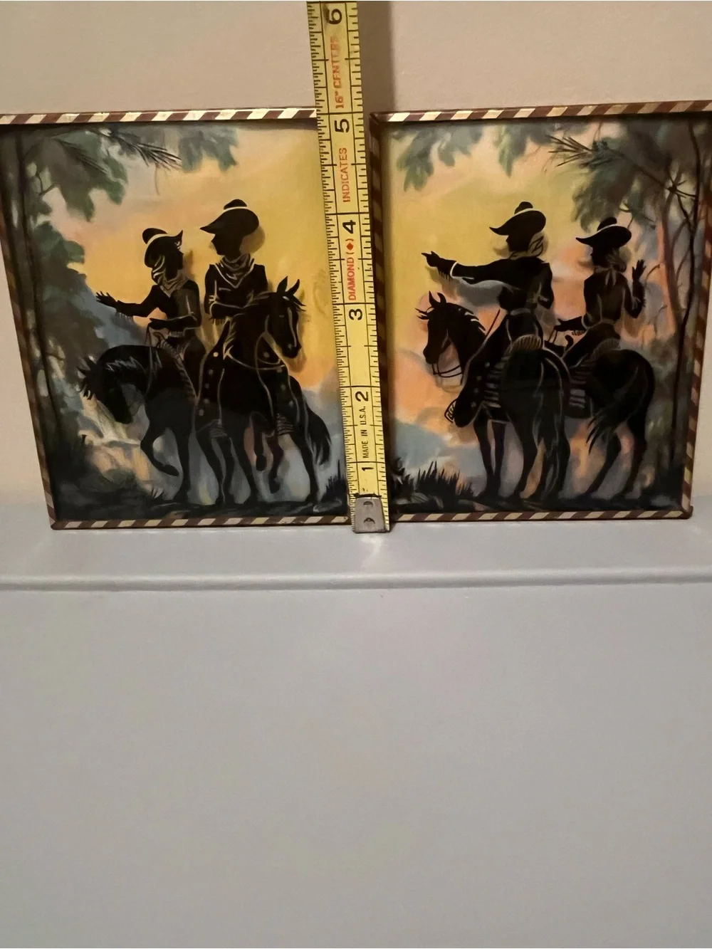 Set of 2 Vintage Hanging Picture Frames Western Cowboy Silhouette 4x5 Portrait